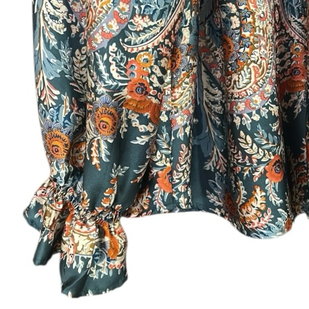 Umgee Boho Green Orange Floral Print Blouse Top V-Neck Long Sleeves Ruffle Small - Picture 9 of 11